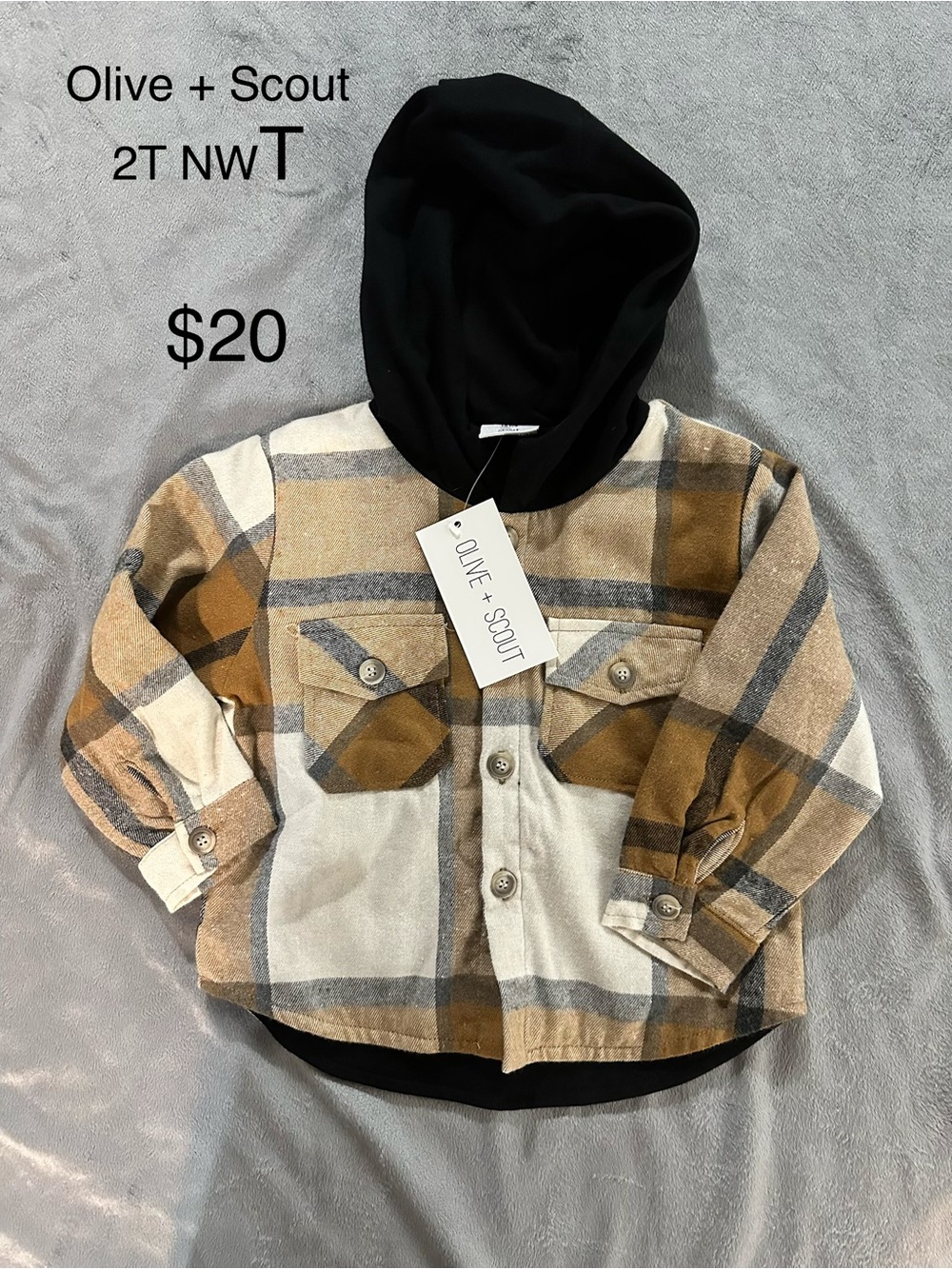 Kids Plaid Hooded Shirt Jacket - Tan & Black - 2T